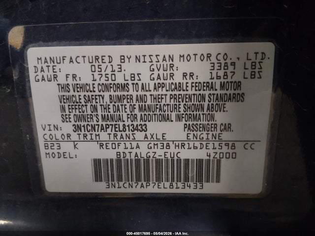 Продаж на аукціоні авто 2014 Nissan Versa 1.6 Sl, vin: 3N1CN7AP7EL813433, номер лоту: 45017695