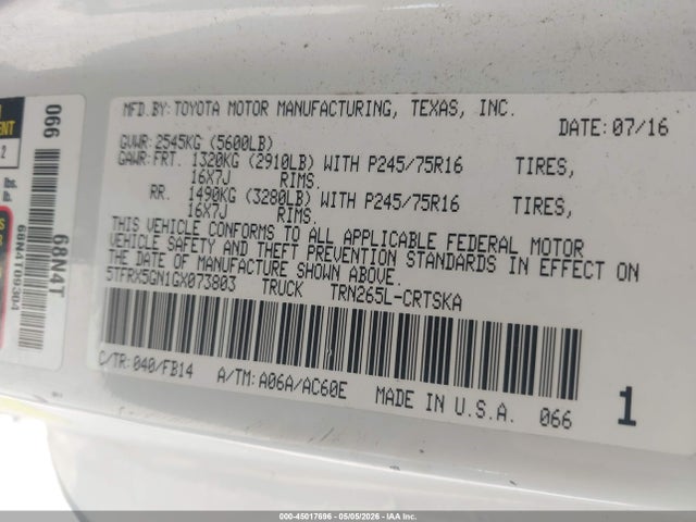 Aukcja sprzedaży 2016 Toyota Tacoma Sr, vin: 5TFRX5GN1GX073803, numer aukcji: 45017696
