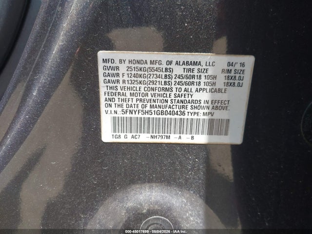 5FNYF5H51GB040436 Honda Pilot Ex-l