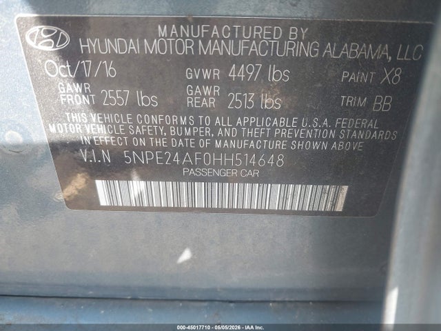 Aukcja sprzedaży 2017 Hyundai Sonata, vin: 5NPE24AF0HH514648, numer aukcji: 45017710