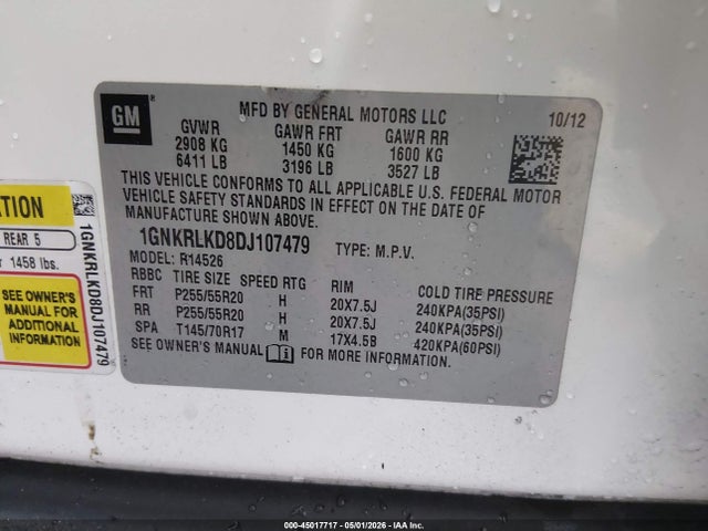 2013 Chevrolet Traverse Ltz მანქანა იყიდება აუქციონზე, vin: 1GNKRLKD8DJ107479, აუქციონის ნომერი: 45017717