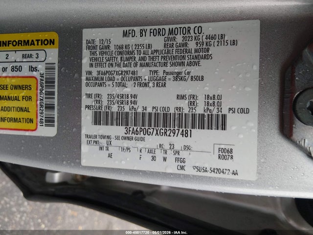 Продаж на аукціоні авто 2016 Ford Fusion S, vin: 3FA6P0G7XGR297481, номер лоту: 45017720
