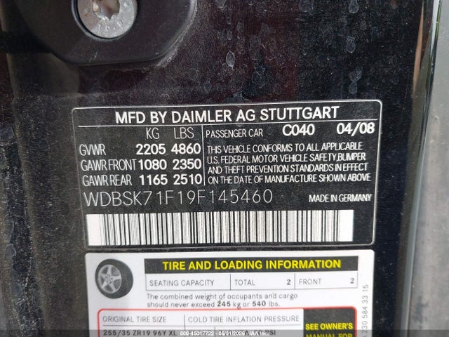 45017722 :رقم المزاد ، WDBSK71F19F145460 vin ، 2009 Mercedes-benz Sl 550 مزاد بيع