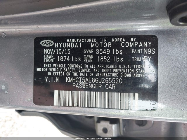 Aukcja sprzedaży 2016 Hyundai Accent Se, vin: KMHCT5AE8GU265520, numer aukcji: 45017732