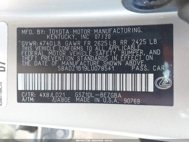 45017739 :رقم المزاد ، 58ADZ1B19LU078541 vin ، 2020 Lexus Es 350 مزاد بيع