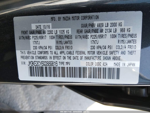Aukcja sprzedaży 2016 Mazda Cx-5 Touring, vin: JM3KE2CY6G0889816, numer aukcji: 45017743