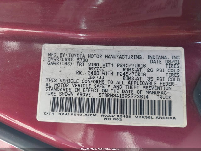 Aukcja sprzedaży 2002 Toyota Tundra Sr5, vin: 5TBRN34182S223814, numer aukcji: 45017745