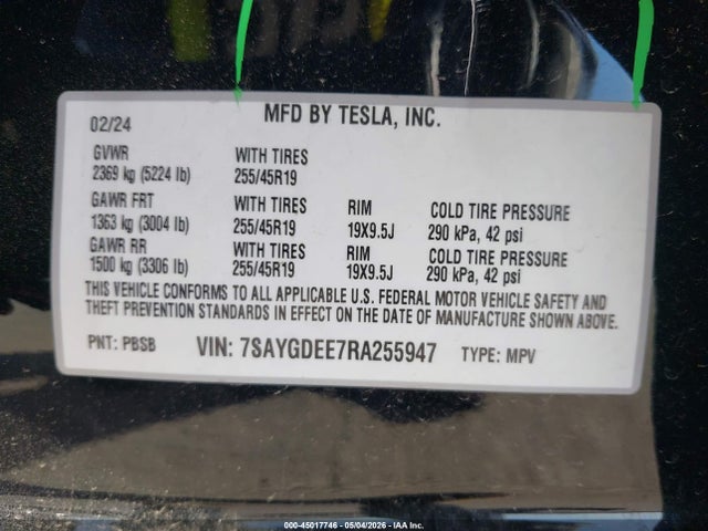Aukcja sprzedaży 2024 Tesla Model Y Long Range Dual Motor All-wheel Drive, vin: 7SAYGDEE7RA255947, numer aukcji: 45017746