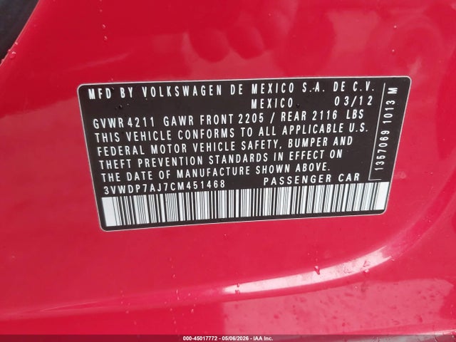 Продаж на аукціоні авто 2012 Volkswagen Jetta 2.5l Se, vin: 3VWDP7AJ7CM451468, номер лоту: 45017772