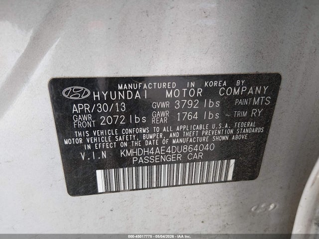 45017775 :رقم المزاد ، KMHDH4AE4DU864040 vin ، 2013 Hyundai Elantra Limited مزاد بيع