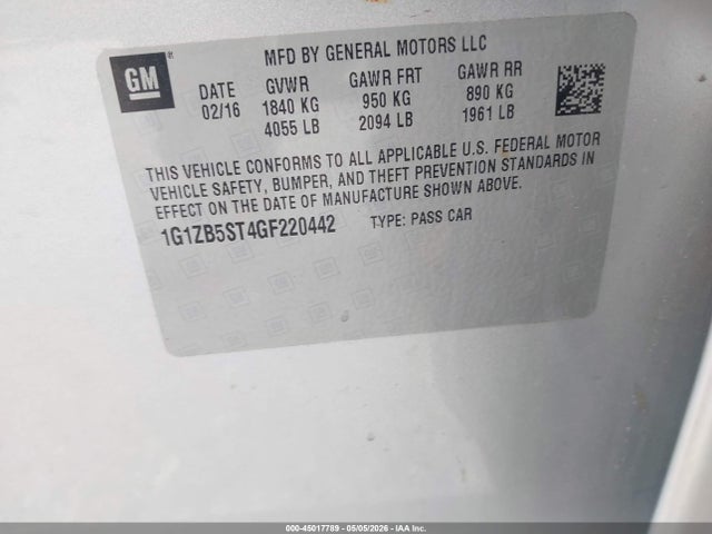 2016 Chevrolet Malibu Ls მანქანა იყიდება აუქციონზე, vin: 1G1ZB5ST4GF220442, აუქციონის ნომერი: 45017789