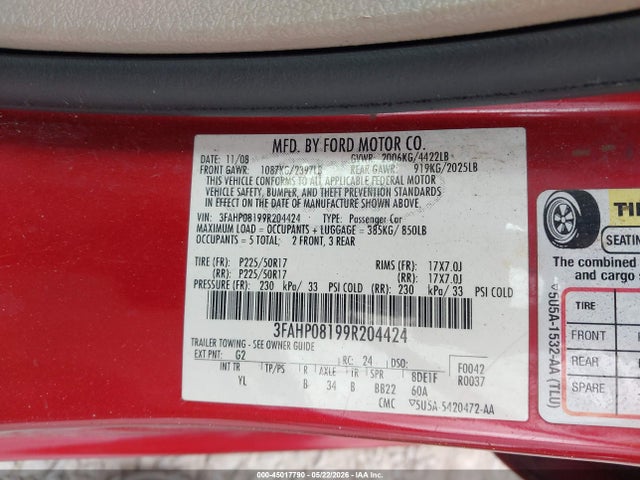 Aukcja sprzedaży 2009 Ford Fusion Sel, vin: 3FAHP08199R204424, numer aukcji: 45017790