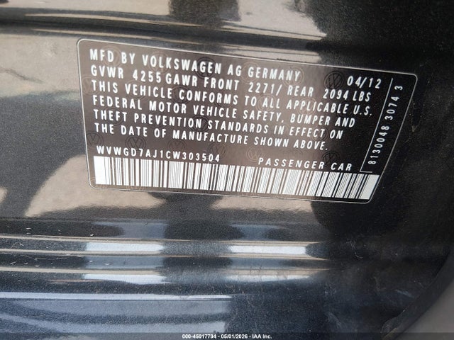 Auction sale of the 2012 Volkswagen Gti 4-door, vin: WVWGD7AJ1CW303504, lot number: 45017794