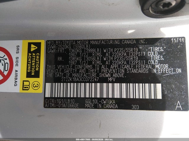 Продажа на аукционе авто 2012 Lexus Rx 350, vin: 2T2ZK1BA3CC072247, номер лота: 45017800
