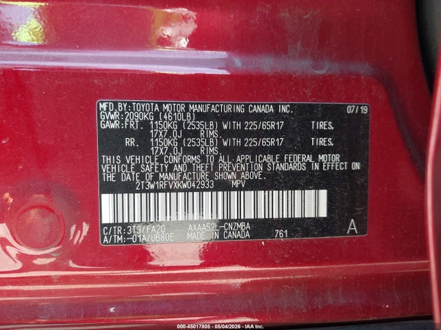 45017805 :رقم المزاد ، 2T3W1RFVXKW042933 vin ، 2019 Toyota Rav4 Xle مزاد بيع