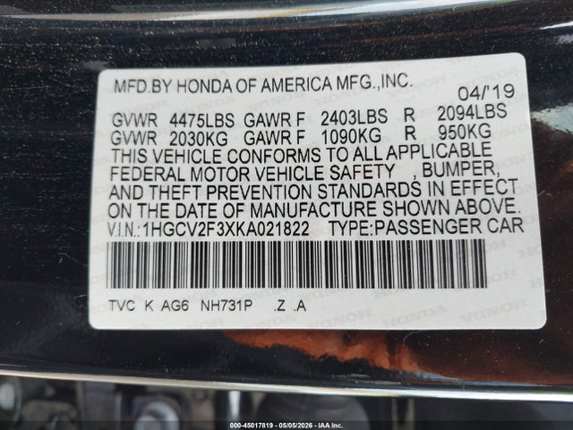 1HGCV2F3XKA021822 Honda Accord Sport 2.0t
