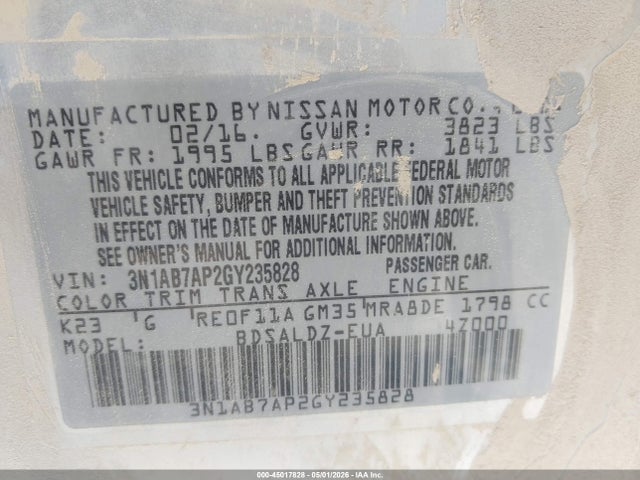 45017828 :رقم المزاد ، 3N1AB7AP2GY235828 vin ، 2016 Nissan Sentra Fe+ S/s/sl/sr/sv مزاد بيع