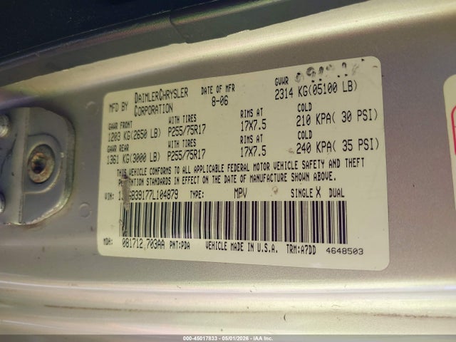 45017833 :رقم المزاد ، 1J4GB39177L104879 vin ، 2007 Jeep Wrangler Unlimited X مزاد بيع