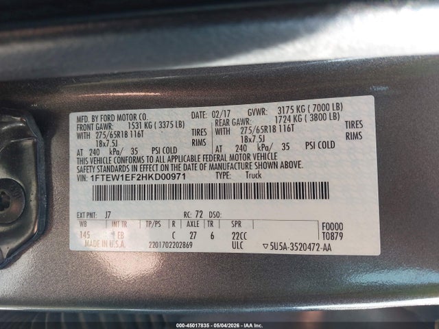 1FTEW1EF2HKD00971 Ford F-150 Lariat