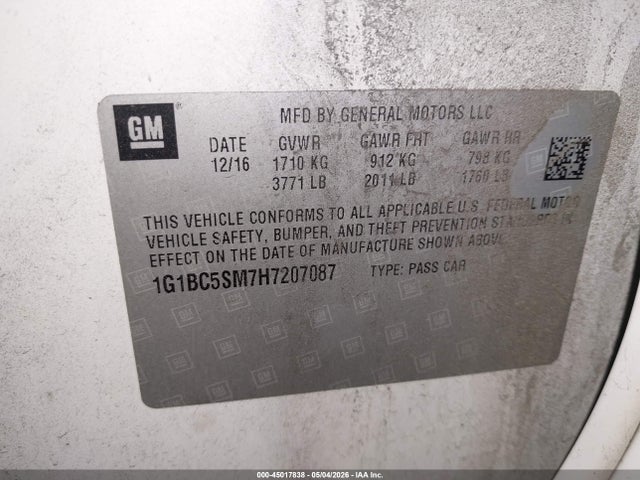 45017838 :رقم المزاد ، 1G1BC5SM7H7207087 vin ، 2017 Chevrolet Cruze Ls Auto مزاد بيع