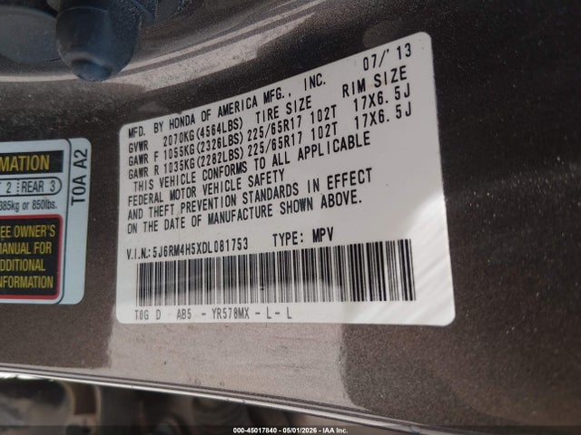 Aukcja sprzedaży 2013 Honda Cr-v Ex, vin: 5J6RM4H5XDL081753, numer aukcji: 45017840