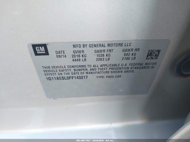 45017847 :رقم المزاد ، 1G11A5SL8FF143217 vin ، 2015 Chevrolet Malibu 1fl مزاد بيع