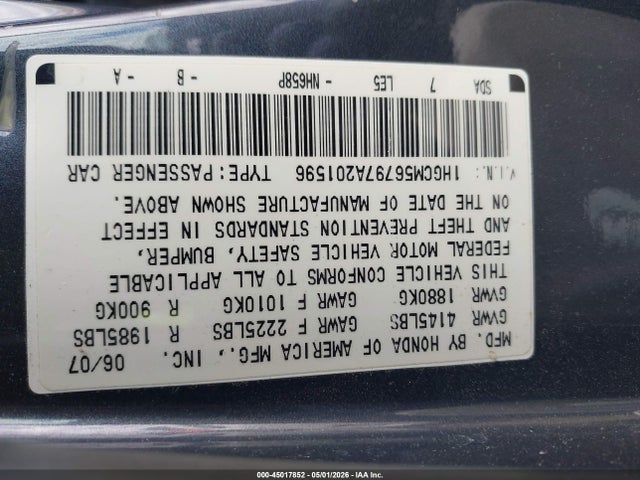 45017852 :رقم المزاد ، 1HGCM56797A201596 vin ، 2007 Honda Accord 2.4 Ex مزاد بيع