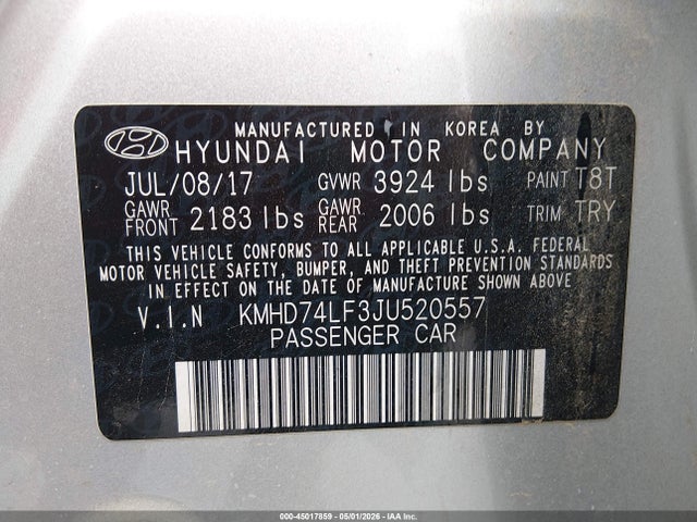 Aukcja sprzedaży 2018 Hyundai Elantra Se, vin: KMHD74LF3JU520557, numer aukcji: 45017859