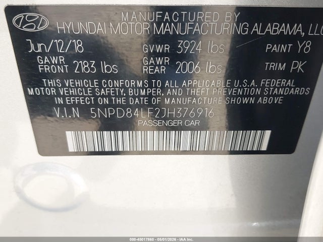 2018 Hyundai Elantra Value Edition მანქანა იყიდება აუქციონზე, vin: 5NPD84LF2JH376916, აუქციონის ნომერი: 45017860