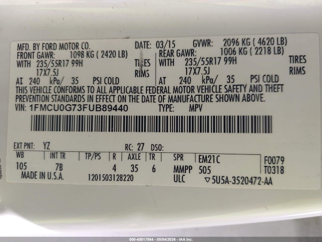 45017864 :رقم المزاد ، 1FMCU0G73FUB89440 vin ، 2015 Ford Escape Se مزاد بيع
