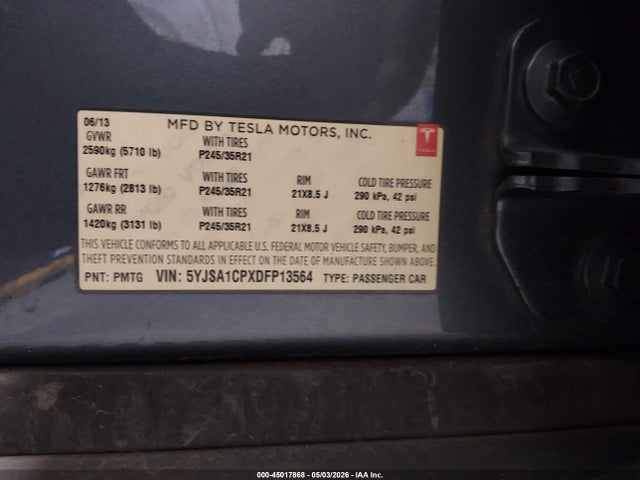 2013 Tesla Model S Performance მანქანა იყიდება აუქციონზე, vin: 5YJSA1CPXDFP13564, აუქციონის ნომერი: 45017868