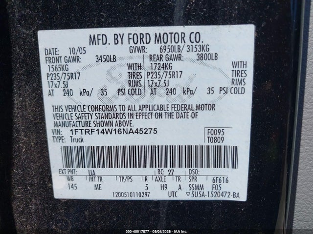 2006 Ford F-150 Stx/xl/xlt მანქანა იყიდება აუქციონზე, vin: 1FTRF14W16NA45275, აუქციონის ნომერი: 45017877