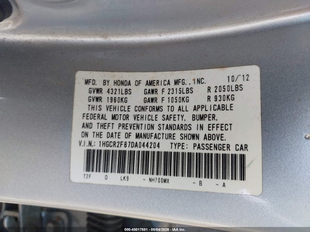 45017881 :رقم المزاد ، 1HGCR2F87DA044204 vin ، 2013 Honda Accord Ex-l مزاد بيع