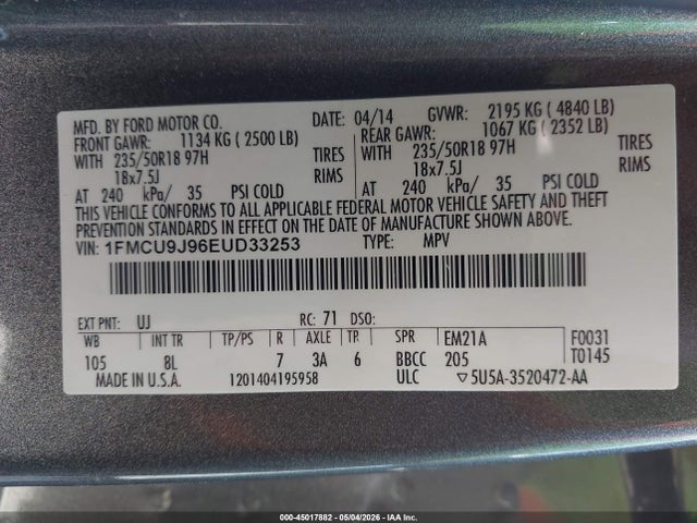 45017882 :رقم المزاد ، 1FMCU9J96EUD33253 vin ، 2014 Ford Escape Titanium مزاد بيع