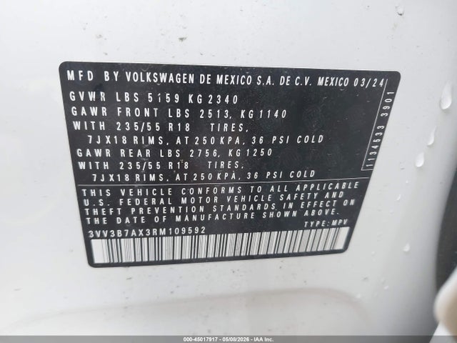 Aukcja sprzedaży 2024 Volkswagen Tiguan 2.0t Se/2.0t Wolfsburg Edition, vin: 3VV3B7AX3RM109592, numer aukcji: 45017917