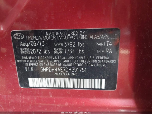 Продаж на аукціоні авто 2013 Hyundai Elantra Gls, vin: 5NPDH4AE7DH391751, номер лоту: 45017926