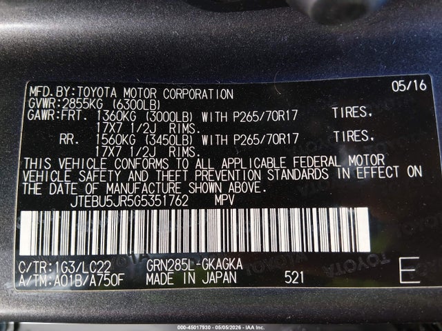 2016 Toyota 4runner Trail Premium მანქანა იყიდება აუქციონზე, vin: JTEBU5JR5G5351762, აუქციონის ნომერი: 45017930