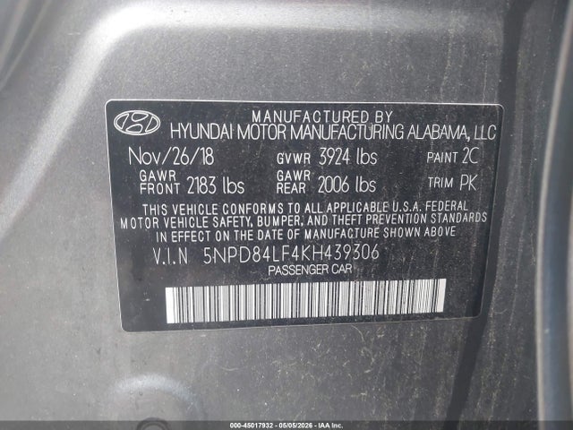 2019 Hyundai Elantra Sel მანქანა იყიდება აუქციონზე, vin: 5NPD84LF4KH439306, აუქციონის ნომერი: 45017932