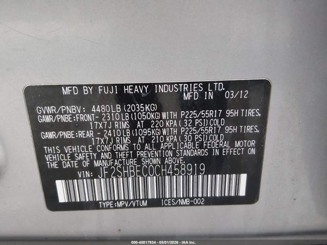 Продаж на аукціоні авто 2012 Subaru Forester 2.5x Limited, vin: JF2SHBEC0CH458919, номер лоту: 45017934