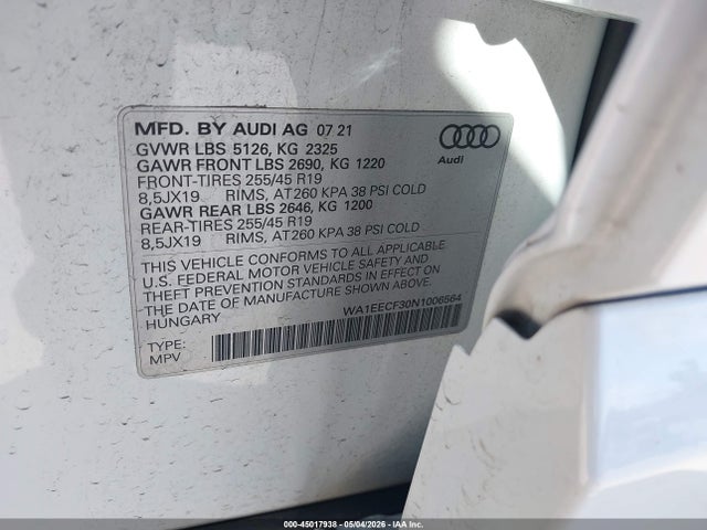 Auction sale of the 2022 Audi Q3 Premium Plus 45 Tfsi S Line Quattro Tiptronic, vin: WA1EECF30N1006564, lot number: 45017938
