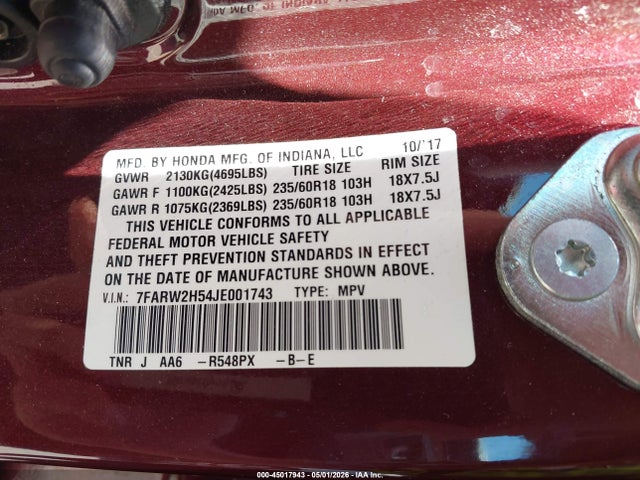 Aukcja sprzedaży 2018 Honda Cr-v Ex, vin: 7FARW2H54JE001743, numer aukcji: 45017943
