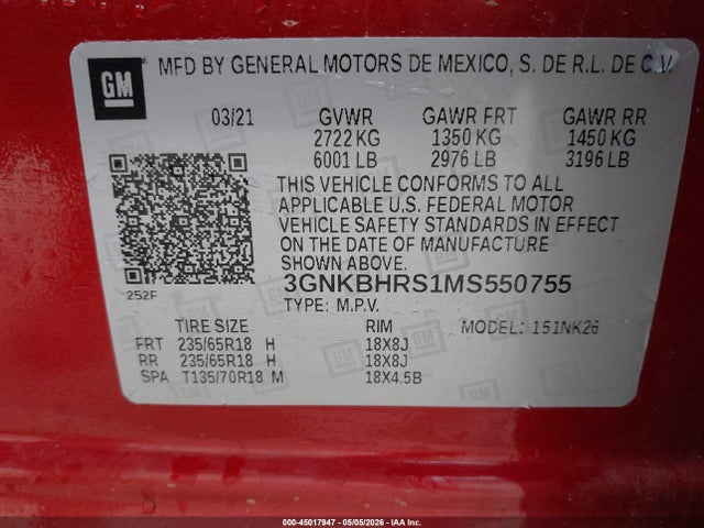 Продажа на аукционе авто 2021 Chevrolet Blazer Awd 2lt, vin: 3GNKBHRS1MS550755, номер лота: 45017947