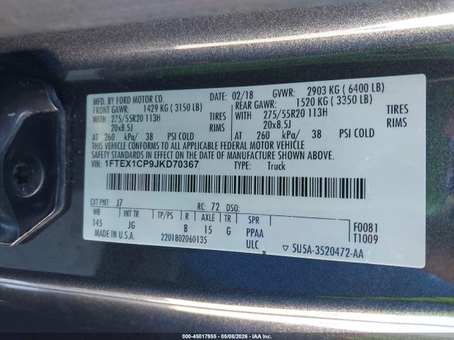 1FTEX1CP9JKD70367 Ford F-150 Xl