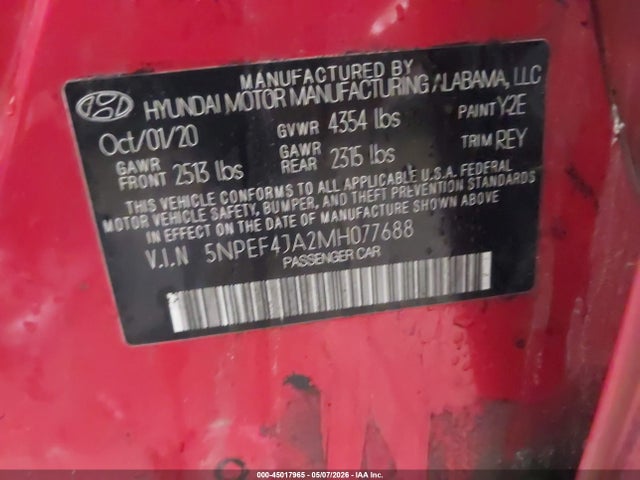 45017965 :رقم المزاد ، 5NPEF4JA2MH077688 vin ، 2021 Hyundai Sonata Sel مزاد بيع