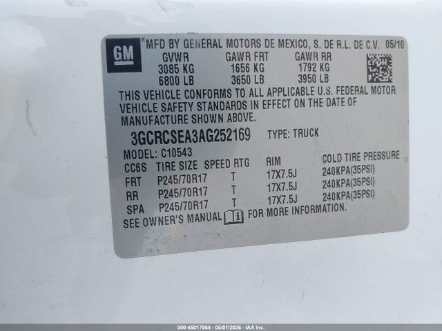 2010 Chevrolet Silverado 1500 Lt მანქანა იყიდება აუქციონზე, vin: 3GCRCSEA3AG252169, აუქციონის ნომერი: 45017964