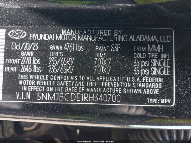 Aukcja sprzedaży 2024 Hyundai Tucson Sel, vin: 5NMJBCDE1RH340700, numer aukcji: 45017967