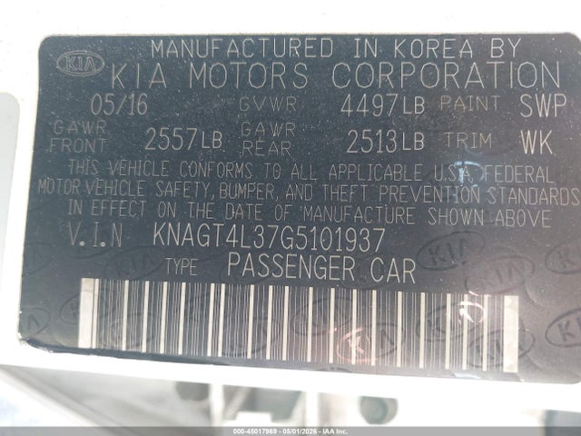 KNAGT4L37G5101937 KIA Optima Lx