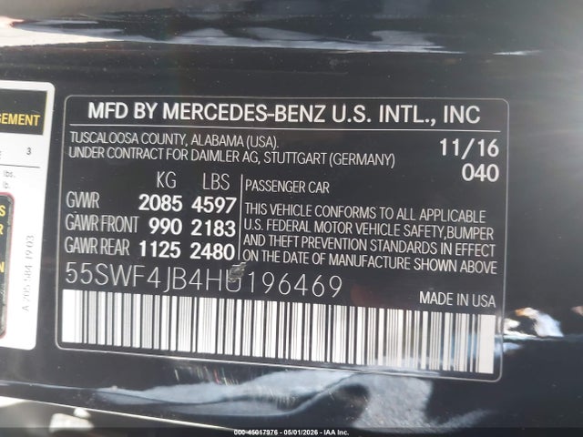 Aukcja sprzedaży 2017 Mercedes-benz C 300 Sport, vin: 55SWF4JB4HU196469, numer aukcji: 45017976
