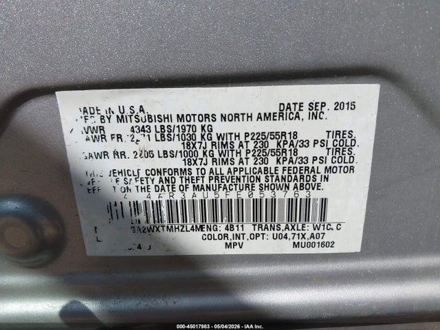 Aukcja sprzedaży 2015 Mitsubishi Outlander Sport Es, vin: 4A4AR3AU5FE053763, numer aukcji: 45017983