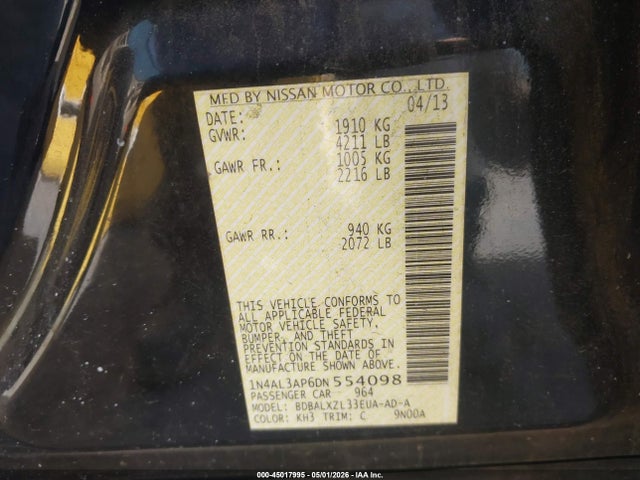 Продаж на аукціоні авто 2013 Nissan Altima 2.5 Sl, vin: 1N4AL3AP6DN554098, номер лоту: 45017995